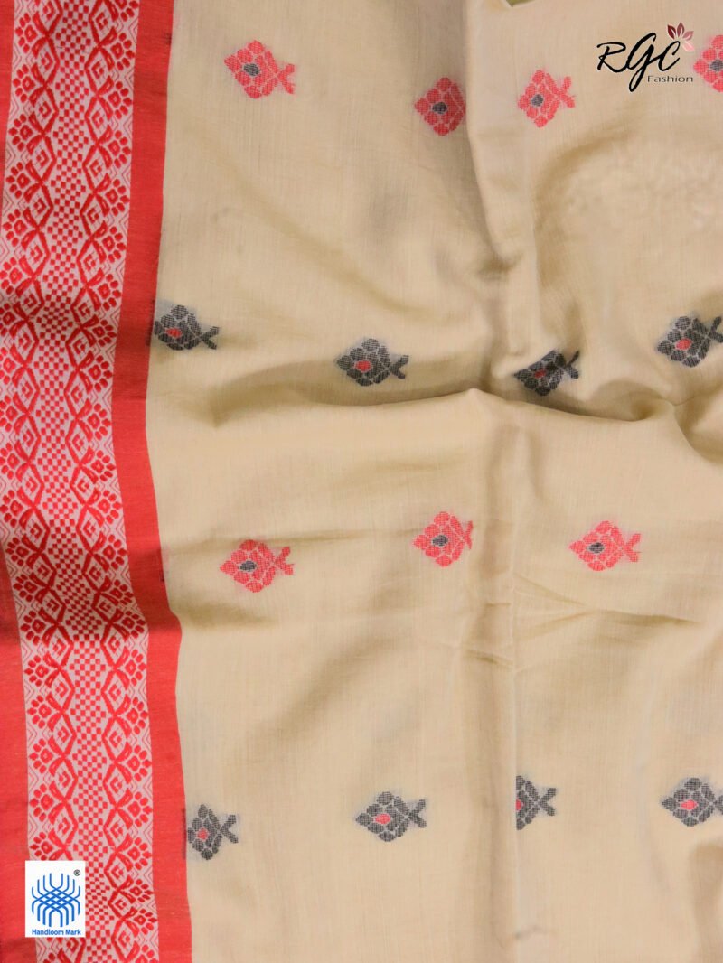 Very Light Brown Pure Cotton Bengal Traditional Handloom Jamdani Saree - Image 2