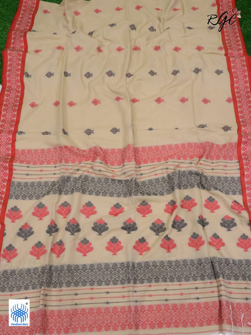 Very Light Brown Pure Cotton Bengal Traditional Handloom Jamdani Saree - Image 3