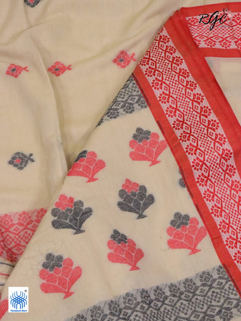 Very Light Brown Pure Cotton Bengal Traditional Handloom Jamdani Saree - Image 5