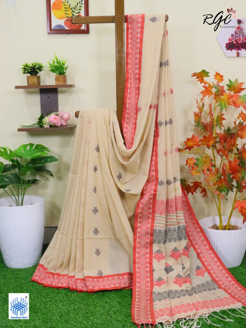 Very Light Brown Pure Cotton Bengal Traditional Handloom Jamdani Saree