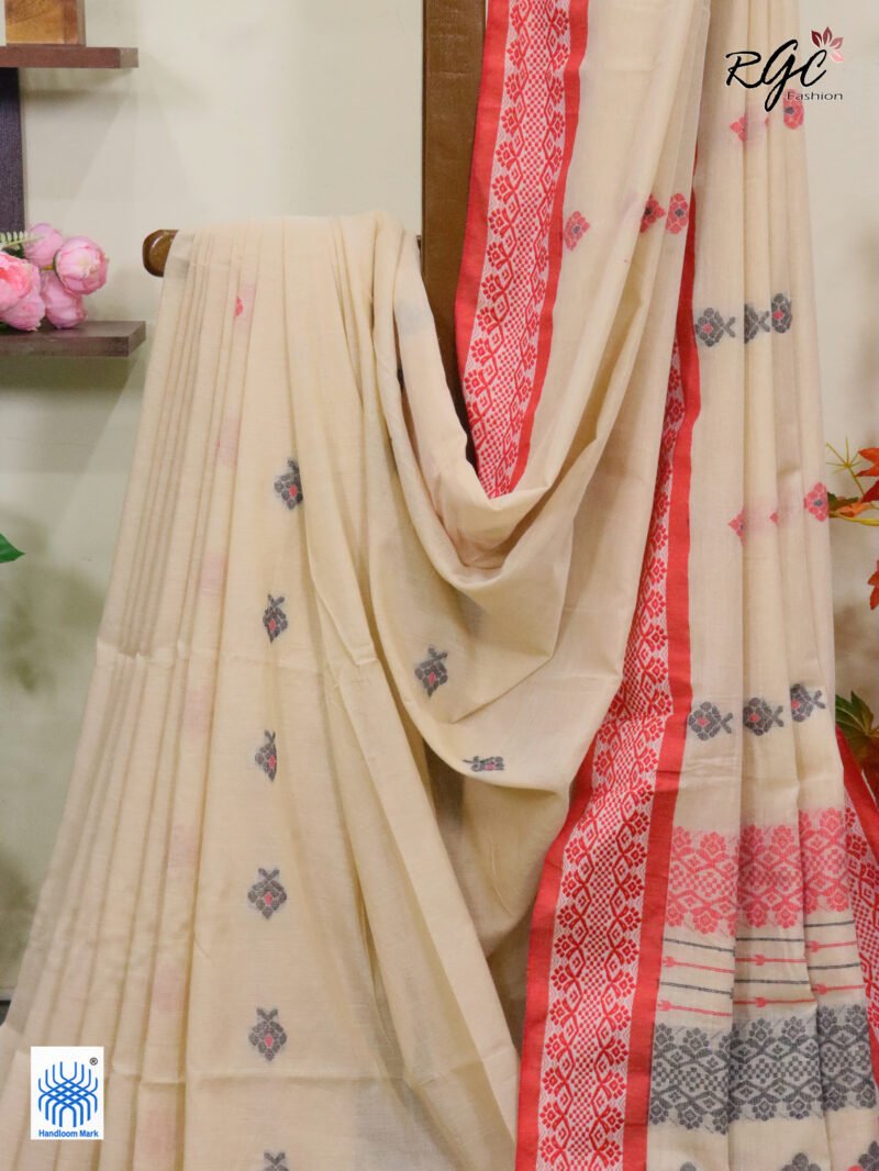 Very Light Brown Pure Cotton Bengal Traditional Handloom Jamdani Saree - Image 6