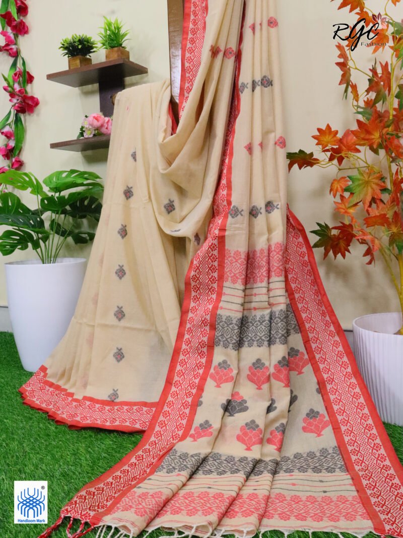 Very Light Brown Pure Cotton Bengal Traditional Handloom Jamdani Saree - Image 8
