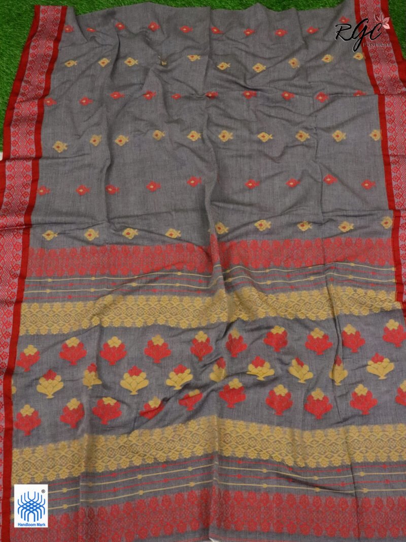 Davy Grey Pure Cotton Bengal Traditional Handloom Jamdani Saree - Image 3