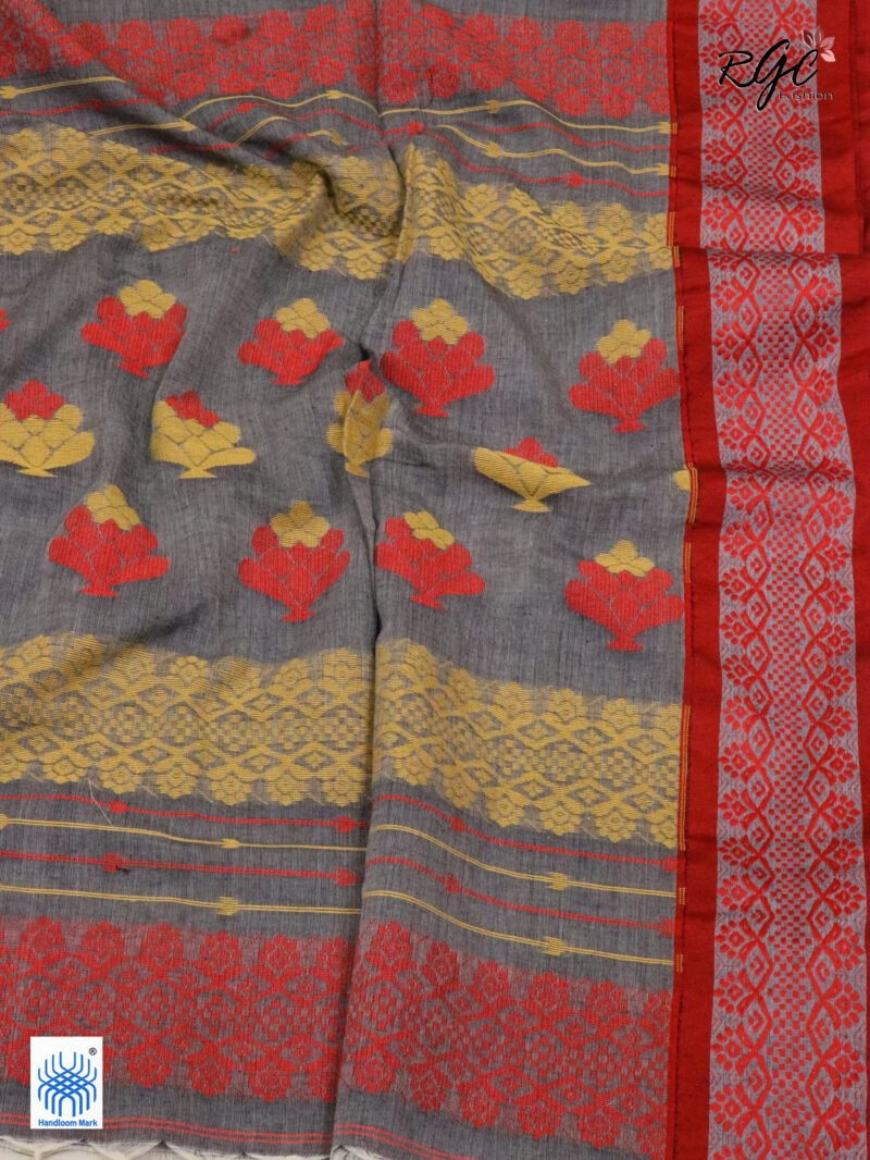 Davy Grey Pure Cotton Bengal Traditional Handloom Jamdani Saree - Image 4