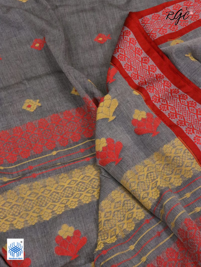 Davy Grey Pure Cotton Bengal Traditional Handloom Jamdani Saree - Image 5