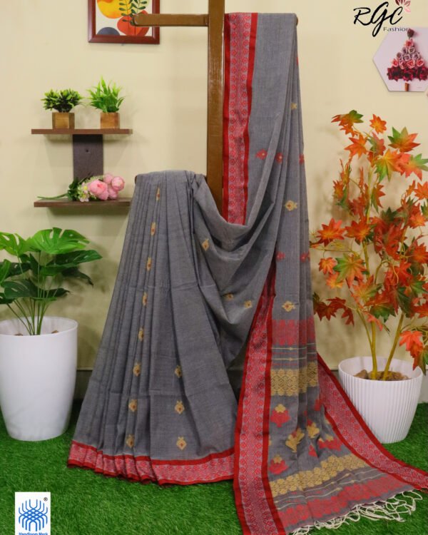 Davy Grey Pure Cotton Bengal Traditional Handloom Jamdani Saree