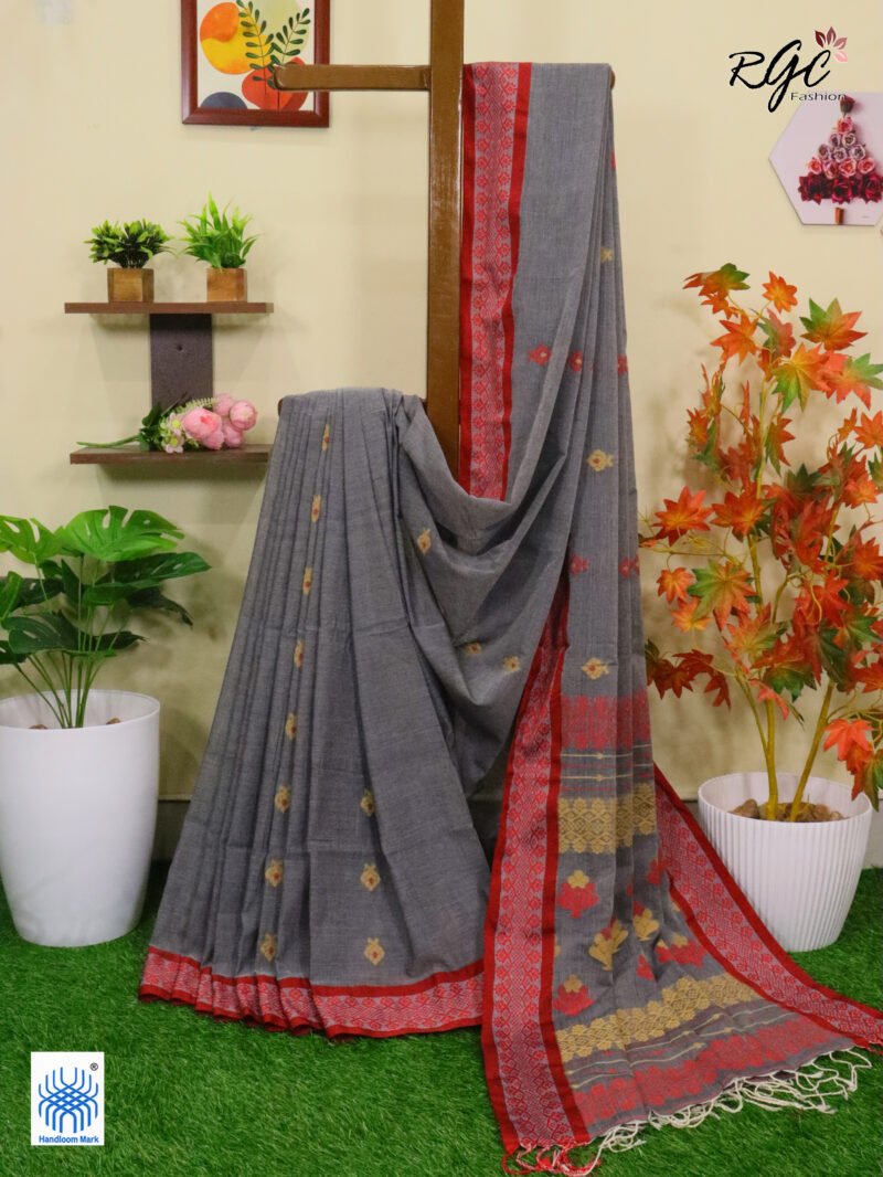 Davy Grey Pure Cotton Bengal Traditional Handloom Jamdani Saree