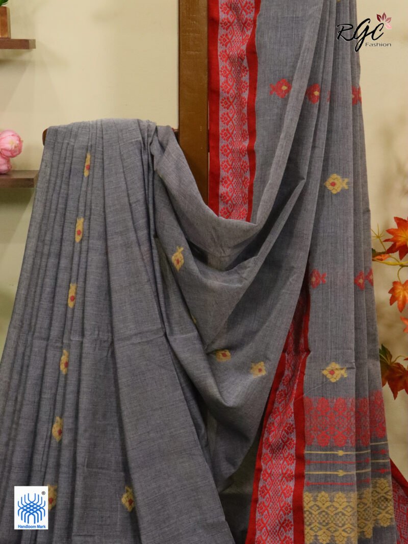 Davy Grey Pure Cotton Bengal Traditional Handloom Jamdani Saree - Image 6