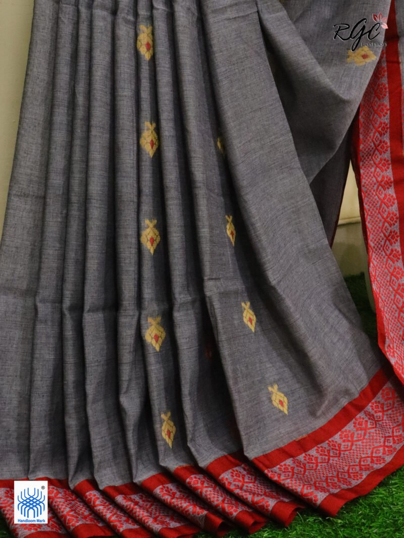 Davy Grey Pure Cotton Bengal Traditional Handloom Jamdani Saree - Image 8