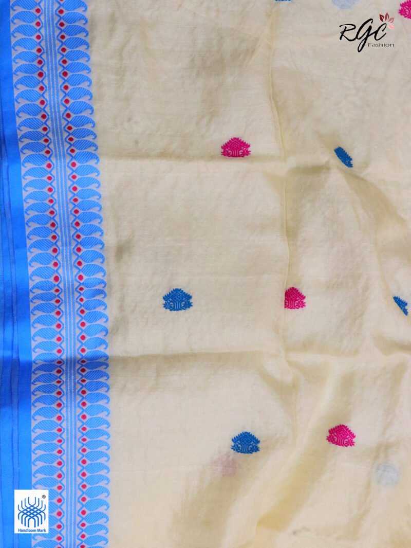 Off-White Pure Tussar Bengal Traditional Handloom Jamdani Saree - Image 4