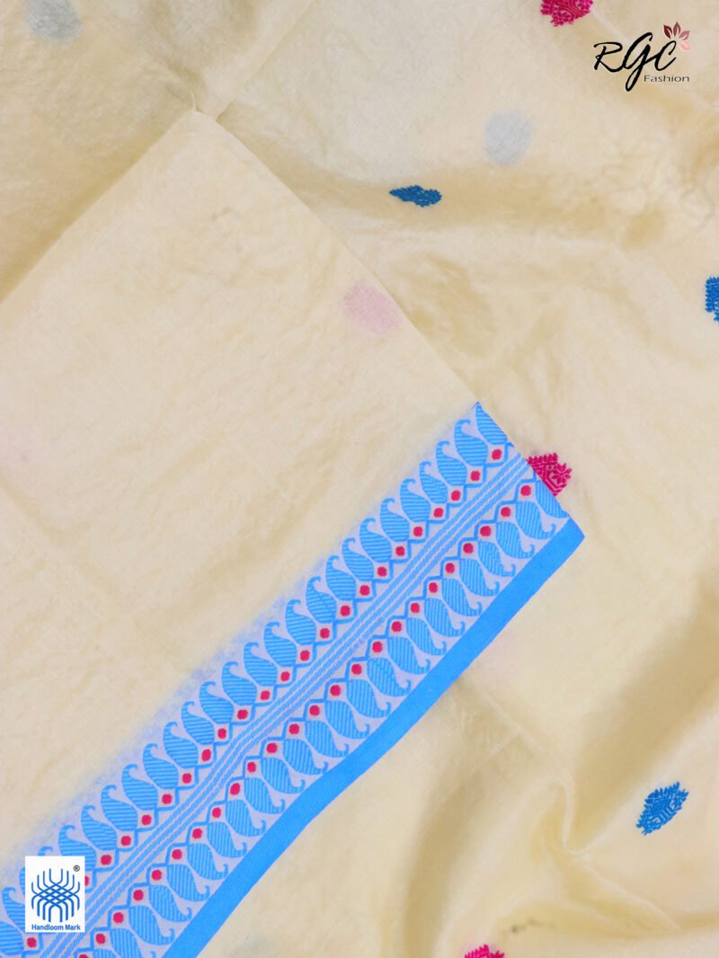 Off-White Pure Tussar Bengal Traditional Handloom Jamdani Saree - Image 3