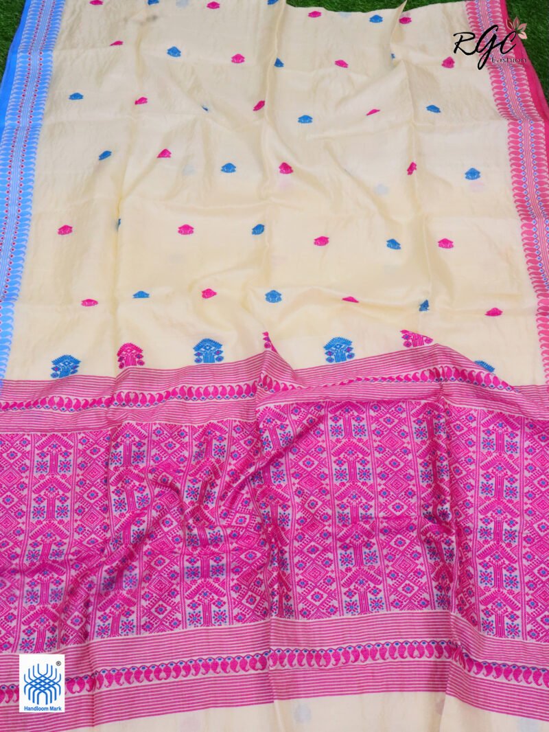 Off-White Pure Tussar Bengal Traditional Handloom Jamdani Saree - Image 9