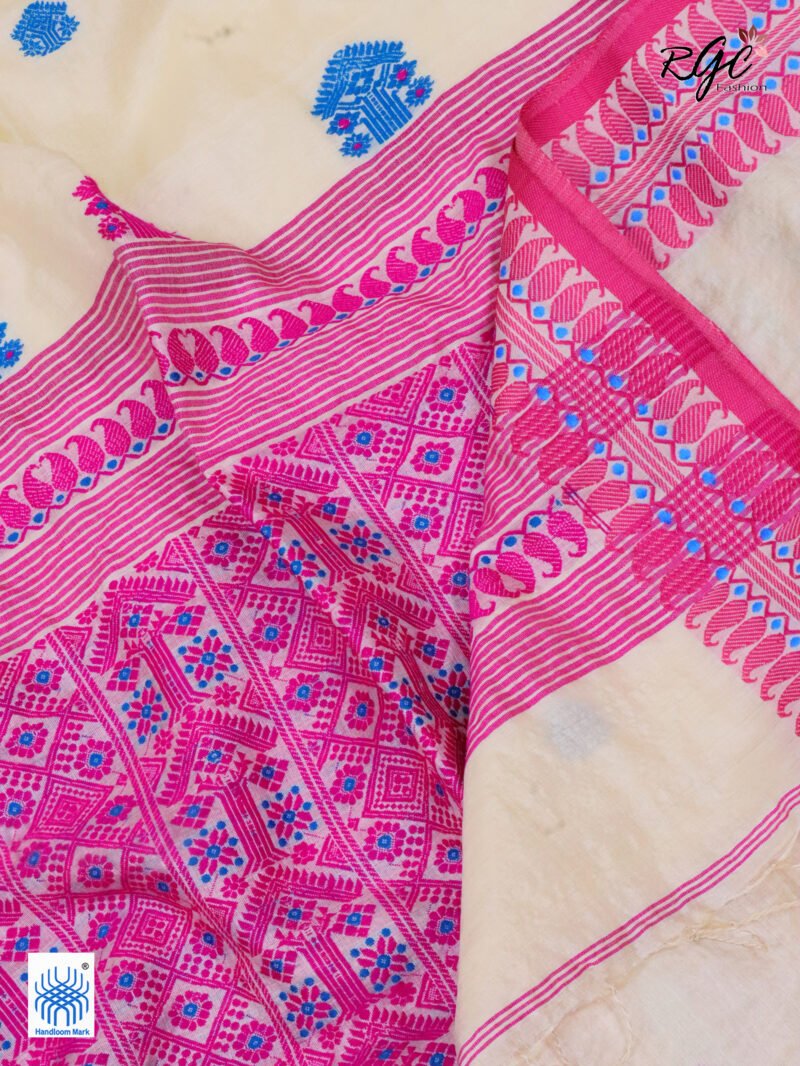 Off-White Pure Tussar Bengal Traditional Handloom Jamdani Saree - Image 8