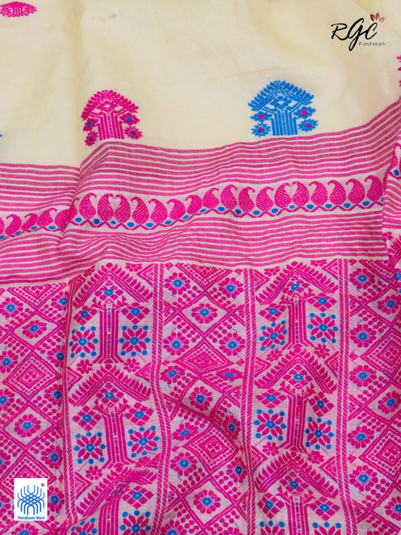 Off-White Pure Tussar Bengal Traditional Handloom Jamdani Saree - Image 6