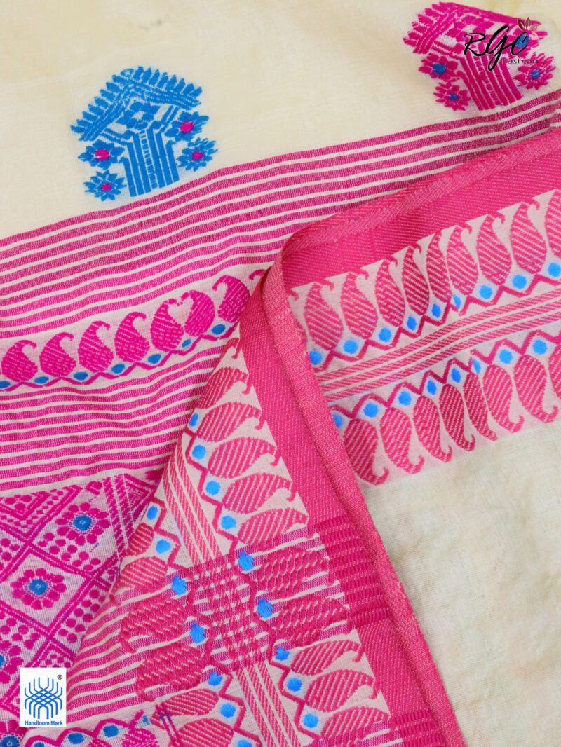 Off-White Pure Tussar Bengal Traditional Handloom Jamdani Saree - Image 5