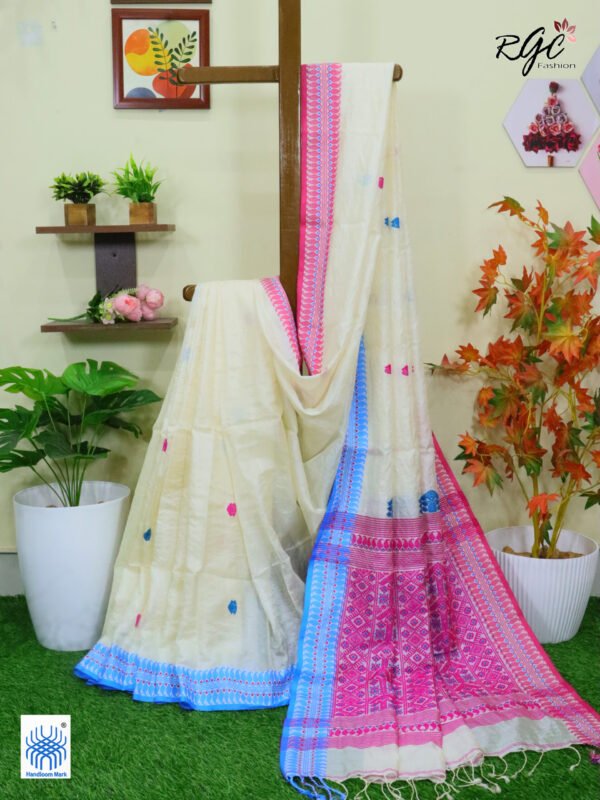 Off-White Pure Tussar Bengal Traditional Handloom Jamdani Saree