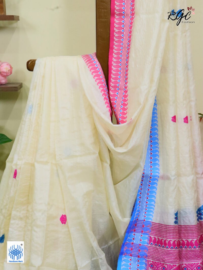 Off-White Pure Tussar Bengal Traditional Handloom Jamdani Saree - Image 7