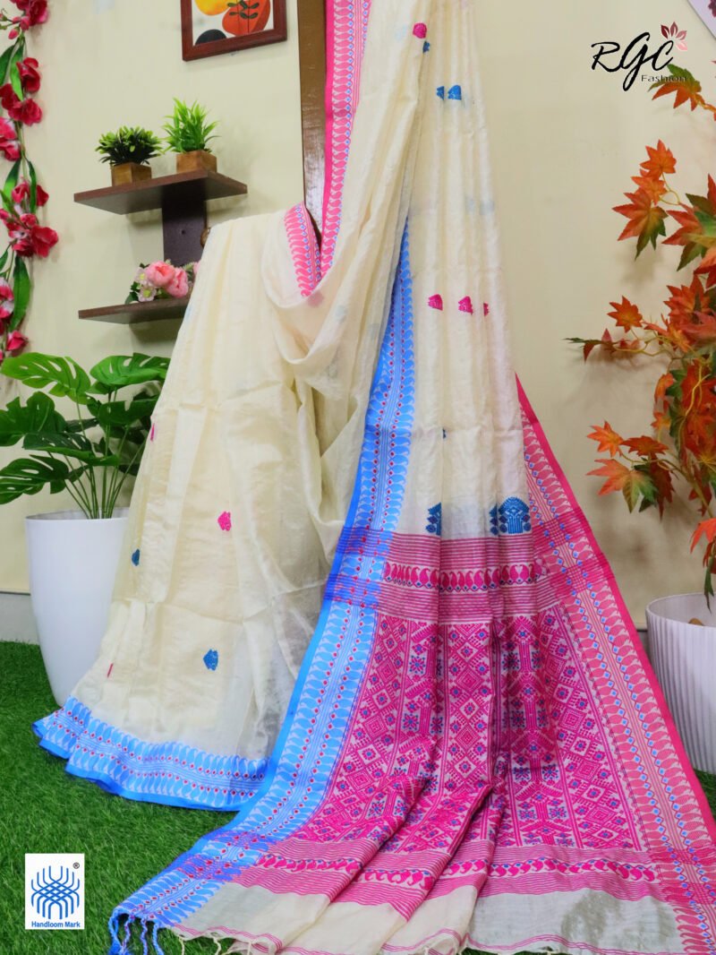 Off-White Pure Tussar Bengal Traditional Handloom Jamdani Saree - Image 2