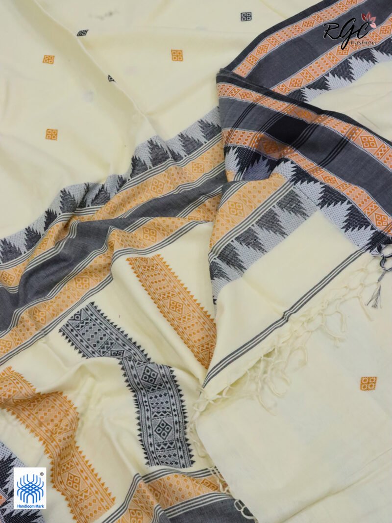 Off-White Pure Cotton Bengal Traditional Handloom Jamdani Saree - Image 5