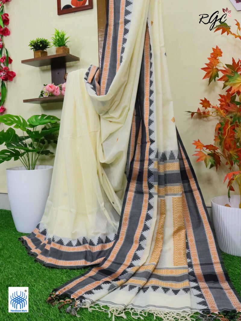 Off-White Pure Cotton Bengal Traditional Handloom Jamdani Saree - Image 7