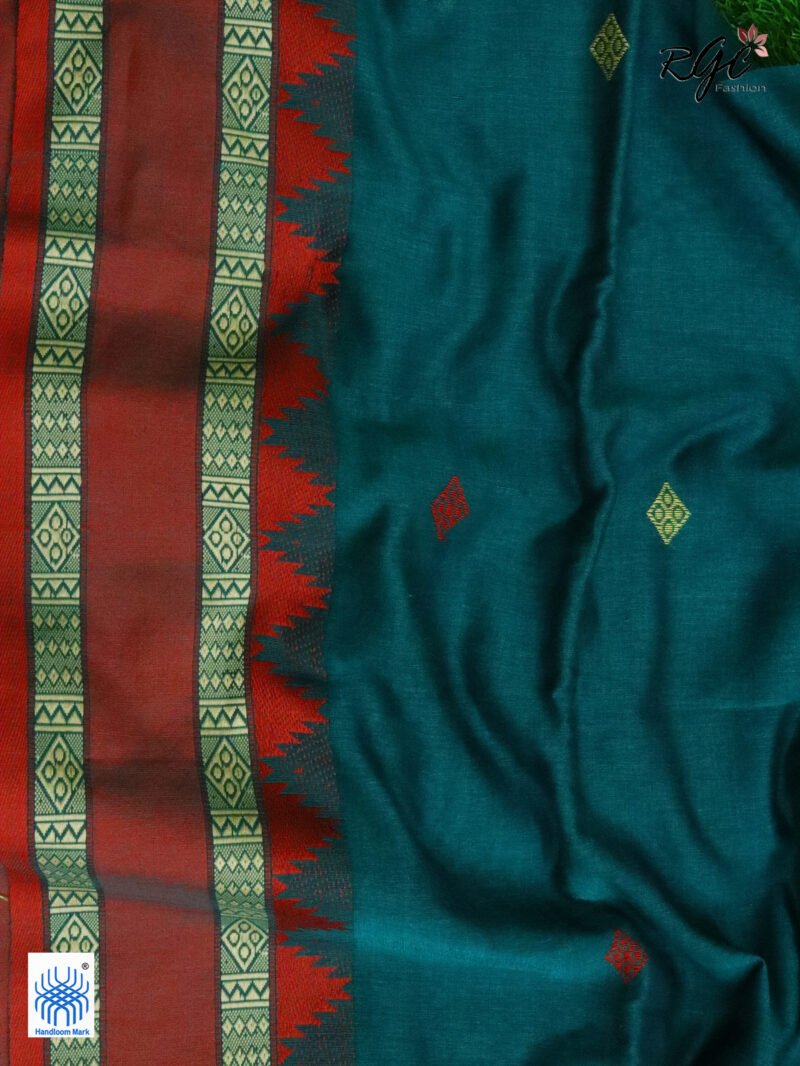 Aqua Deep Pure Cotton Bengal Traditional Handloom Jamdani Saree - Image 6