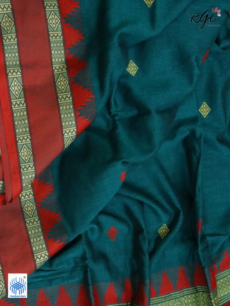 Aqua Deep Pure Cotton Bengal Traditional Handloom Jamdani Saree - Image 5