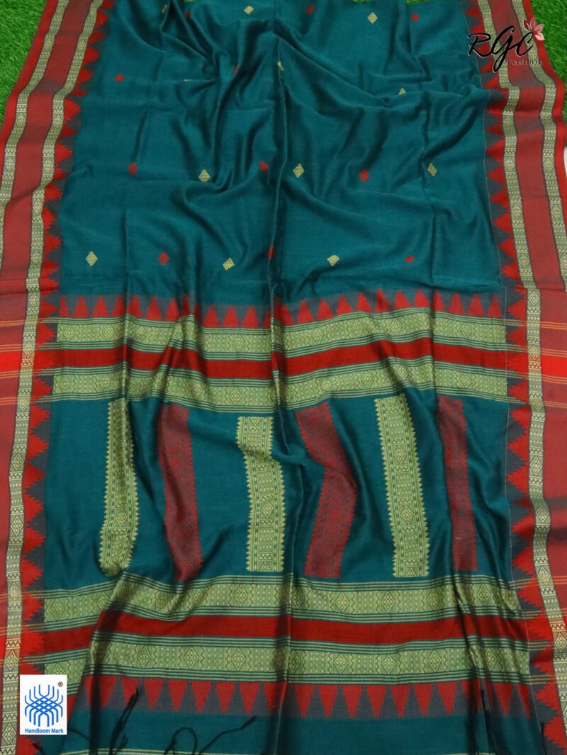Aqua Deep Pure Cotton Bengal Traditional Handloom Jamdani Saree - Image 4