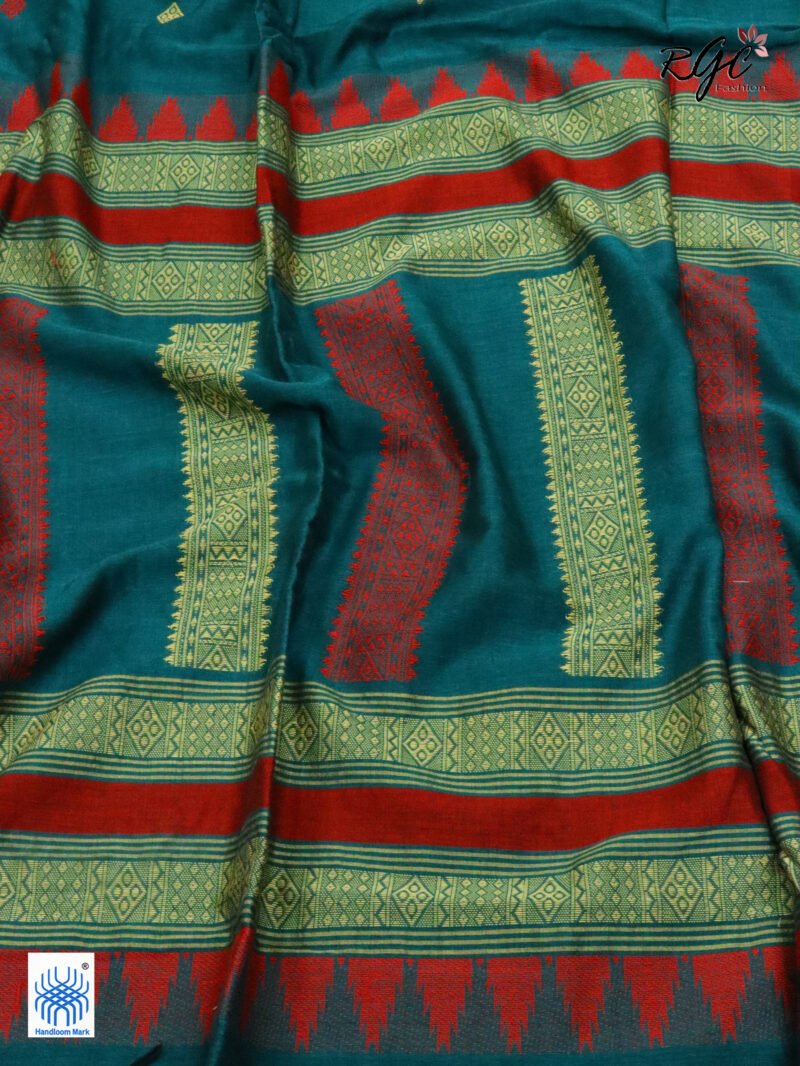 Aqua Deep Pure Cotton Bengal Traditional Handloom Jamdani Saree - Image 3