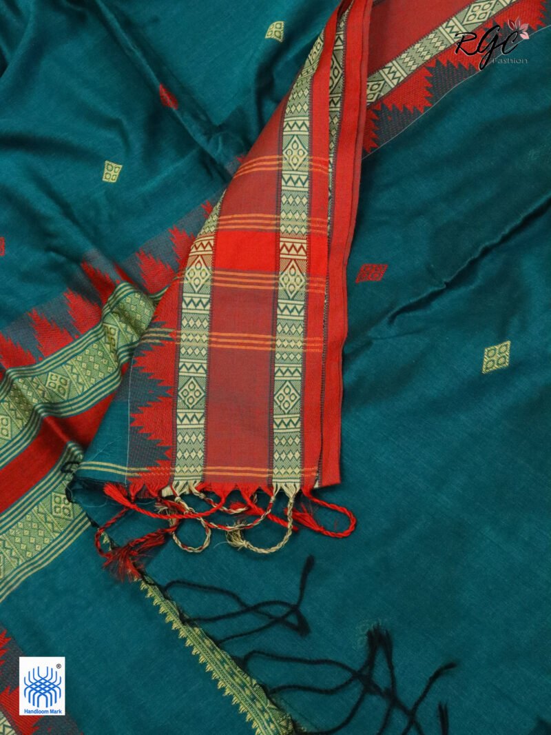 Aqua Deep Pure Cotton Bengal Traditional Handloom Jamdani Saree - Image 2