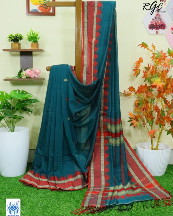 Aqua Deep Pure Cotton Bengal Traditional Handloom Jamdani Saree