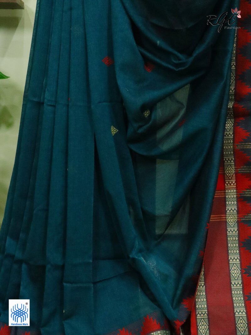 Aqua Deep Pure Cotton Bengal Traditional Handloom Jamdani Saree - Image 7
