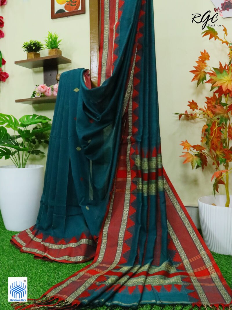 Aqua Deep Pure Cotton Bengal Traditional Handloom Jamdani Saree - Image 8