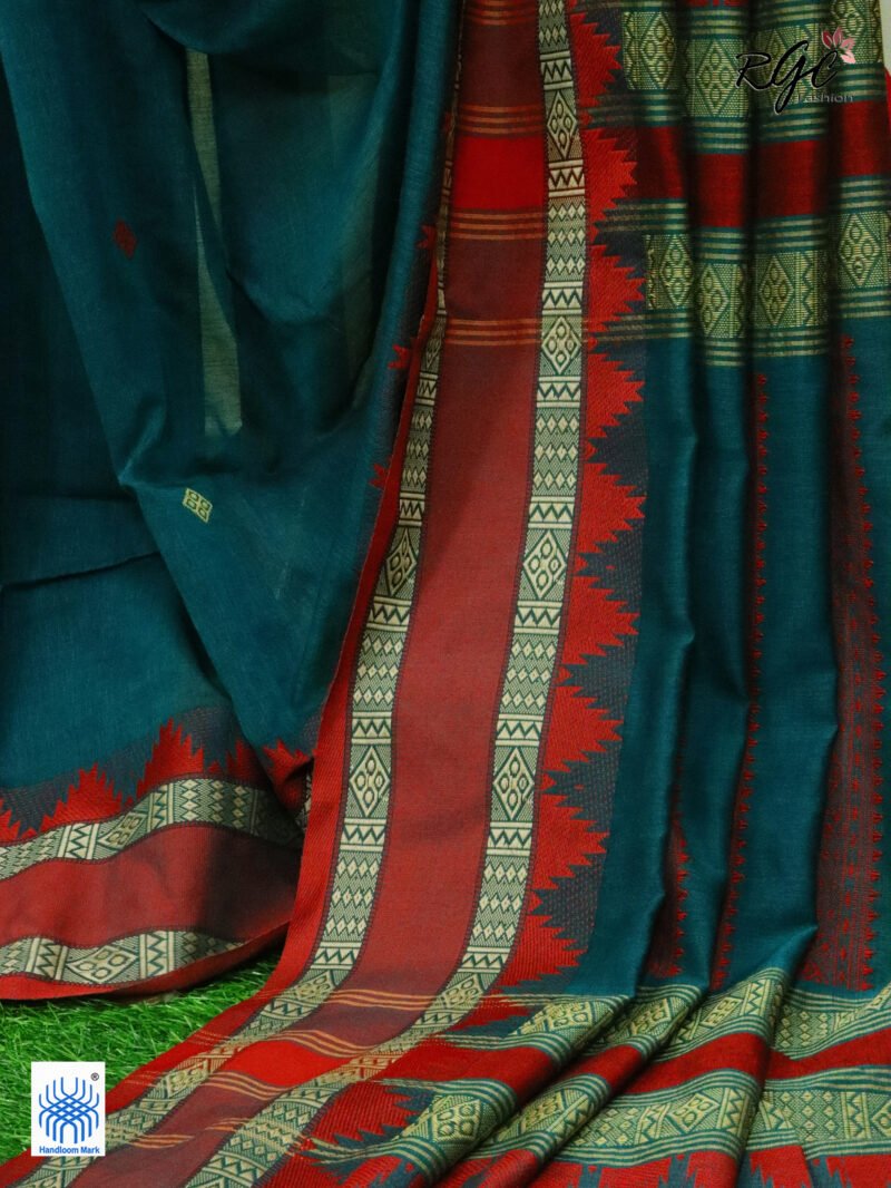 Aqua Deep Pure Cotton Bengal Traditional Handloom Jamdani Saree - Image 9