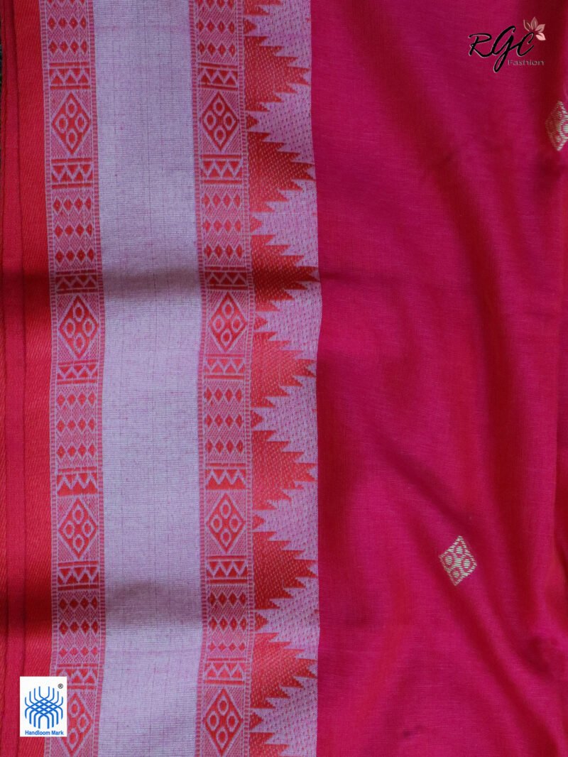Rose Red Pure Cotton Bengal Traditional Handloom Jamdani Saree - Image 2