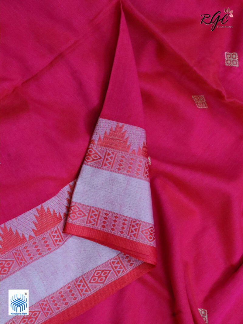 Rose Red Pure Cotton Bengal Traditional Handloom Jamdani Saree - Image 3