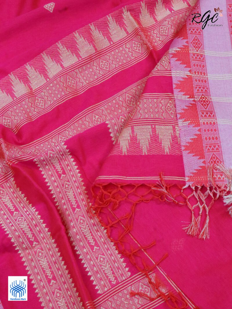 Rose Red Pure Cotton Bengal Traditional Handloom Jamdani Saree - Image 5