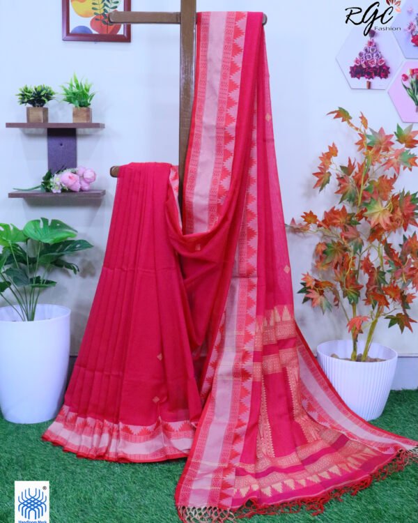 Rose Red Pure Cotton Bengal Traditional Handloom Jamdani Saree