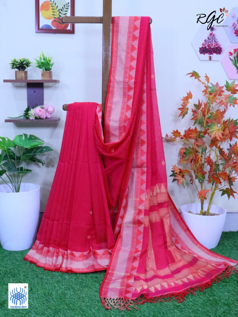 Rose Red Pure Cotton Bengal Traditional Handloom Jamdani Saree