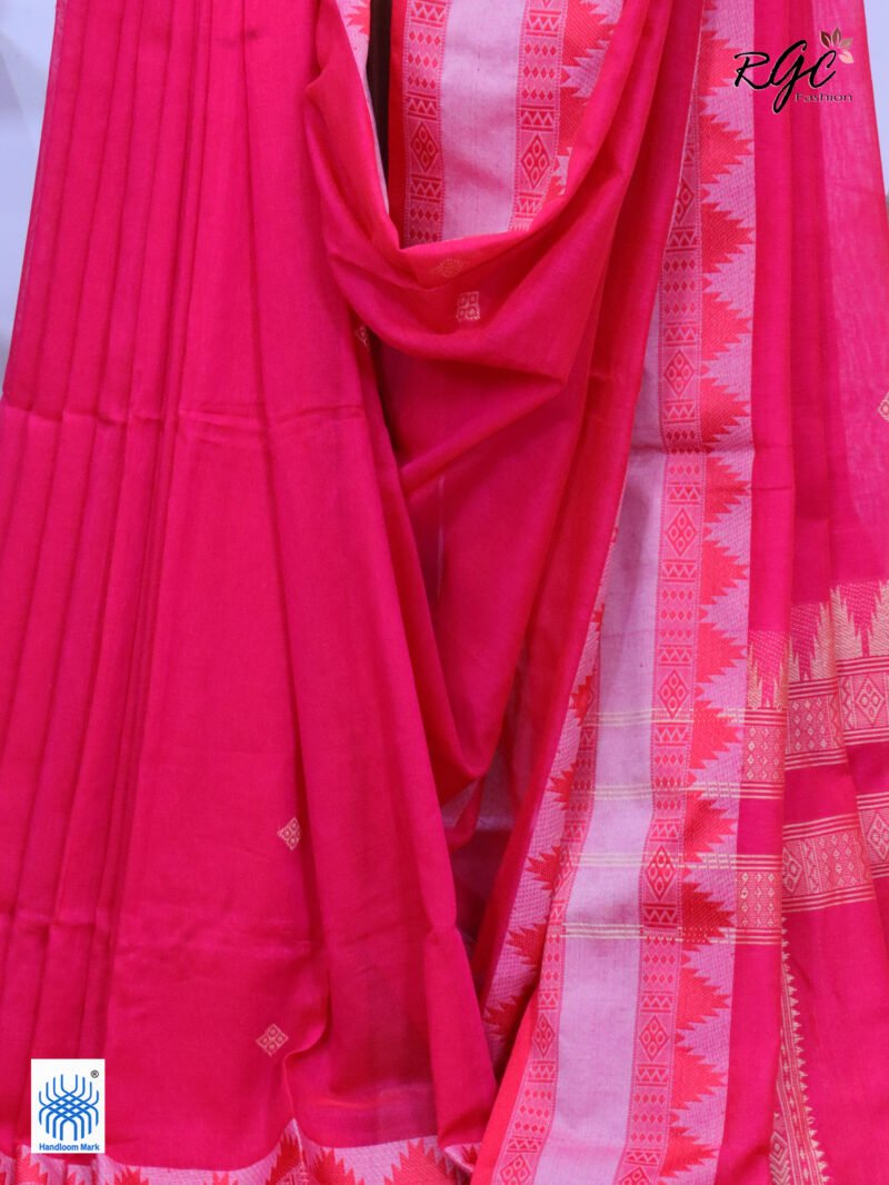 Rose Red Pure Cotton Bengal Traditional Handloom Jamdani Saree - Image 6