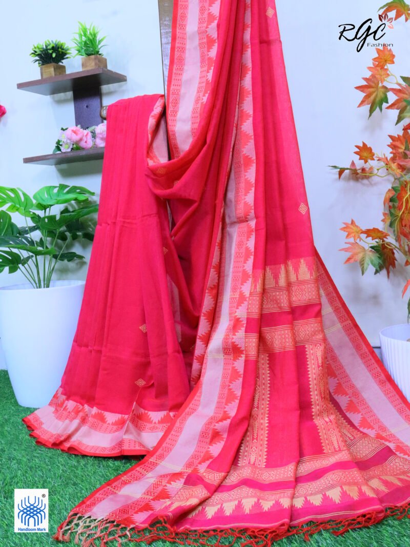 Rose Red Pure Cotton Bengal Traditional Handloom Jamdani Saree - Image 7