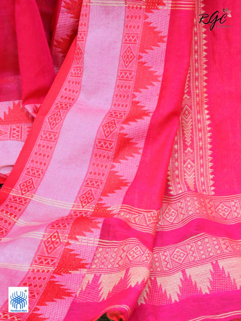 Rose Red Pure Cotton Bengal Traditional Handloom Jamdani Saree - Image 8