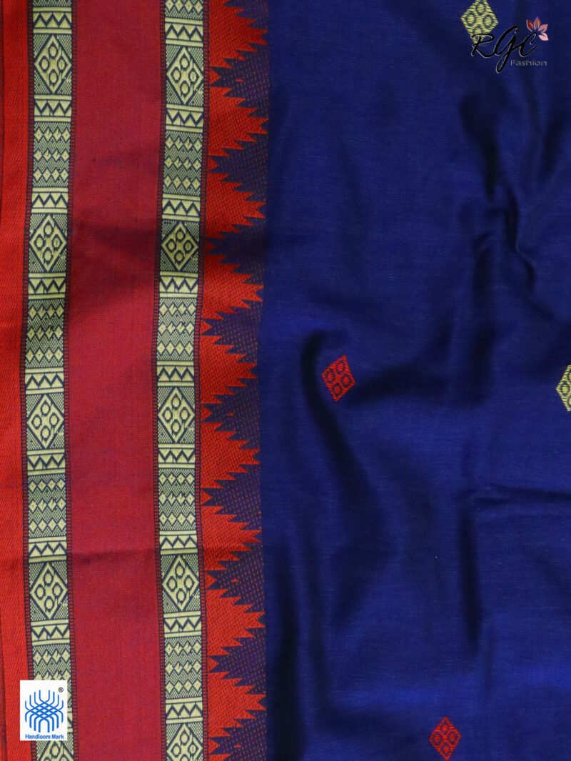 Dark Indigo Pure Cotton Bengal Traditional Handloom Jamdani Saree - Image 2