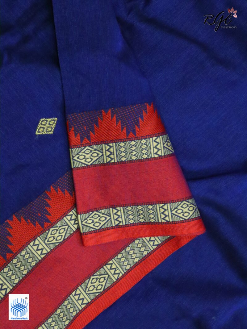 Dark Indigo Pure Cotton Bengal Traditional Handloom Jamdani Saree - Image 3