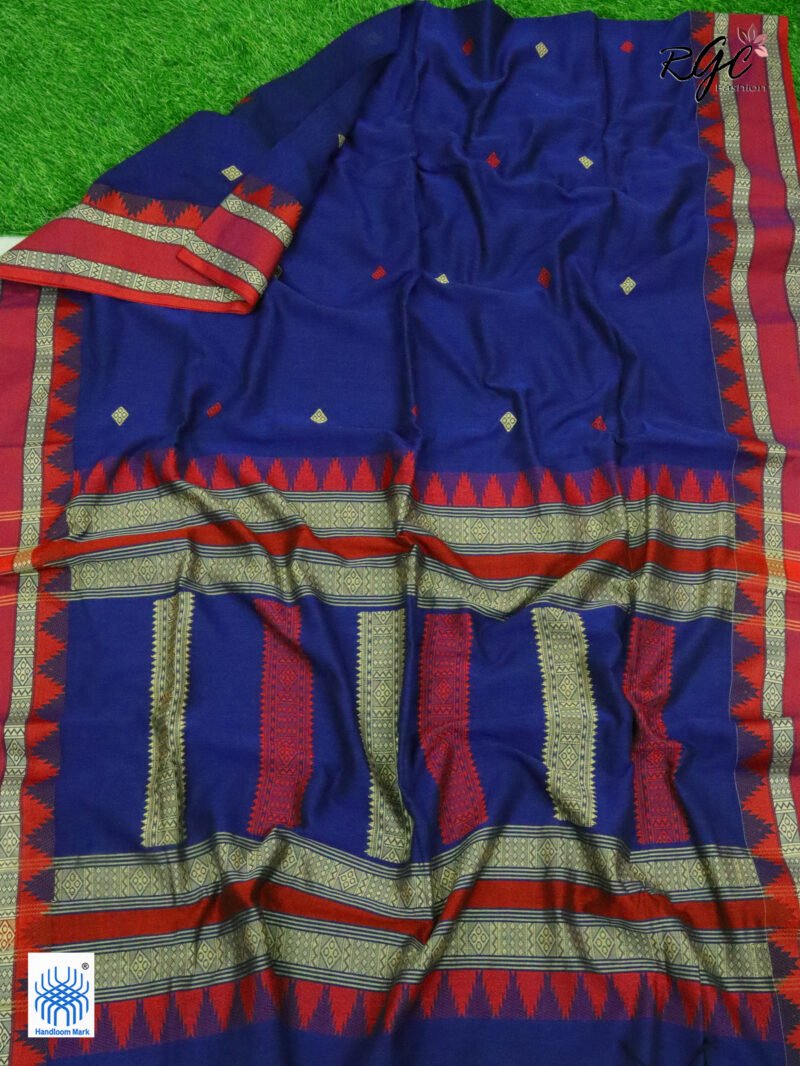 Dark Indigo Pure Cotton Bengal Traditional Handloom Jamdani Saree - Image 8