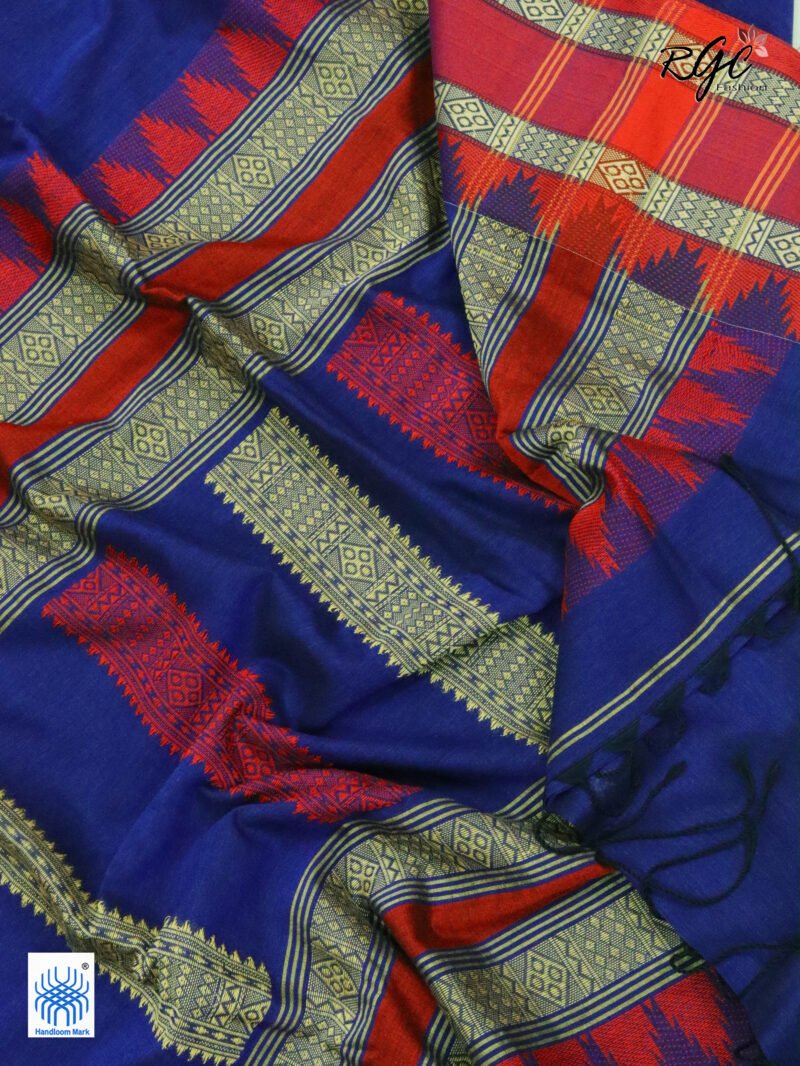 Dark Indigo Pure Cotton Bengal Traditional Handloom Jamdani Saree - Image 7