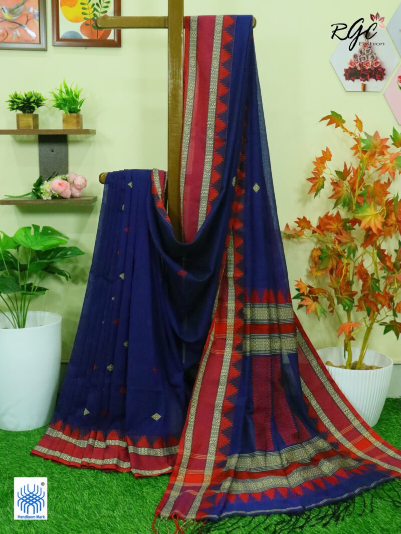 Dark Indigo Pure Cotton Bengal Traditional Handloom Jamdani Saree