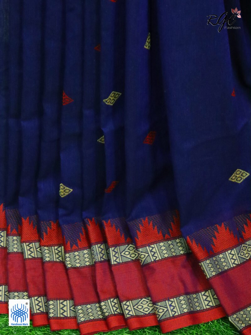 Dark Indigo Pure Cotton Bengal Traditional Handloom Jamdani Saree - Image 6