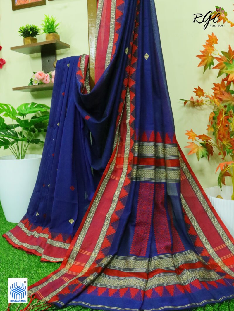Dark Indigo Pure Cotton Bengal Traditional Handloom Jamdani Saree - Image 4