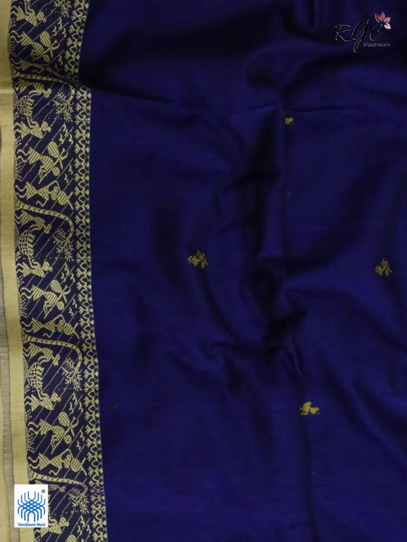Navy Blue Worli Tribal Handloom Khadi Cotton Jamdani Saree - Image 2