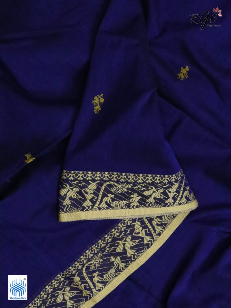 Navy Blue Worli Tribal Handloom Khadi Cotton Jamdani Saree - Image 3